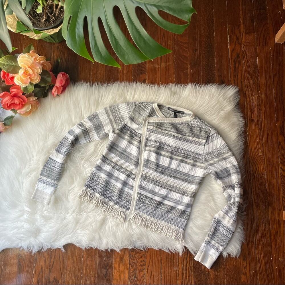 White House Black Market Open Cardigan Metallic Stripe Grey, White, Gold Medium